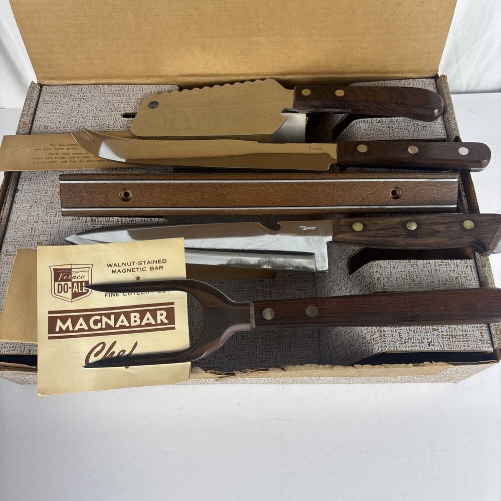 Vernco Do All Magnabar Chef 4 Pc Fine Cutlery Walnut Stained New Open Box Vtg